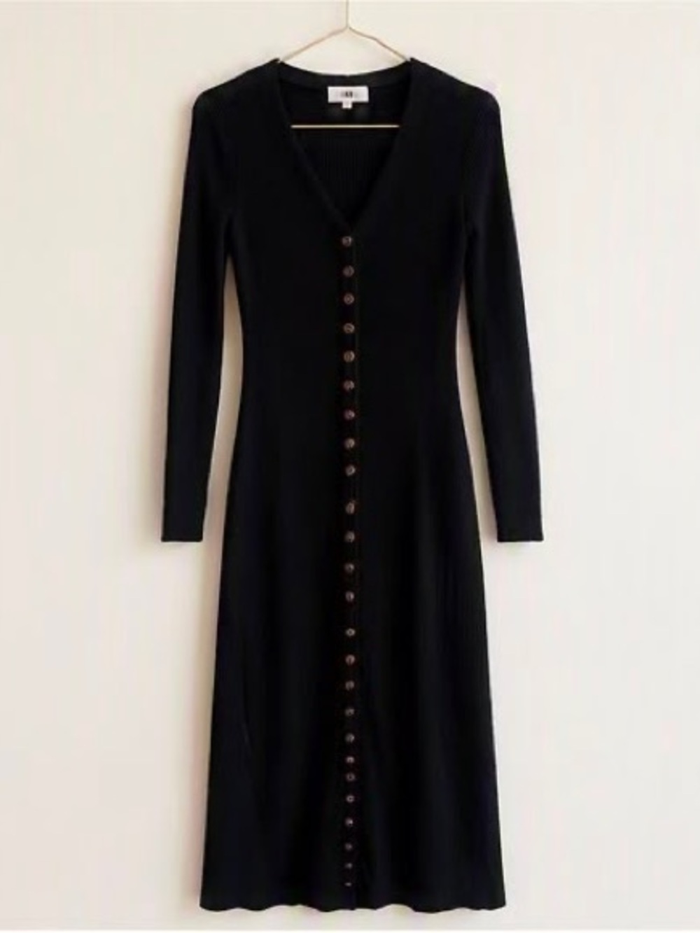 LPA Black Ribbed Button-Front V-Neck Long-Sleeve Midi Dress